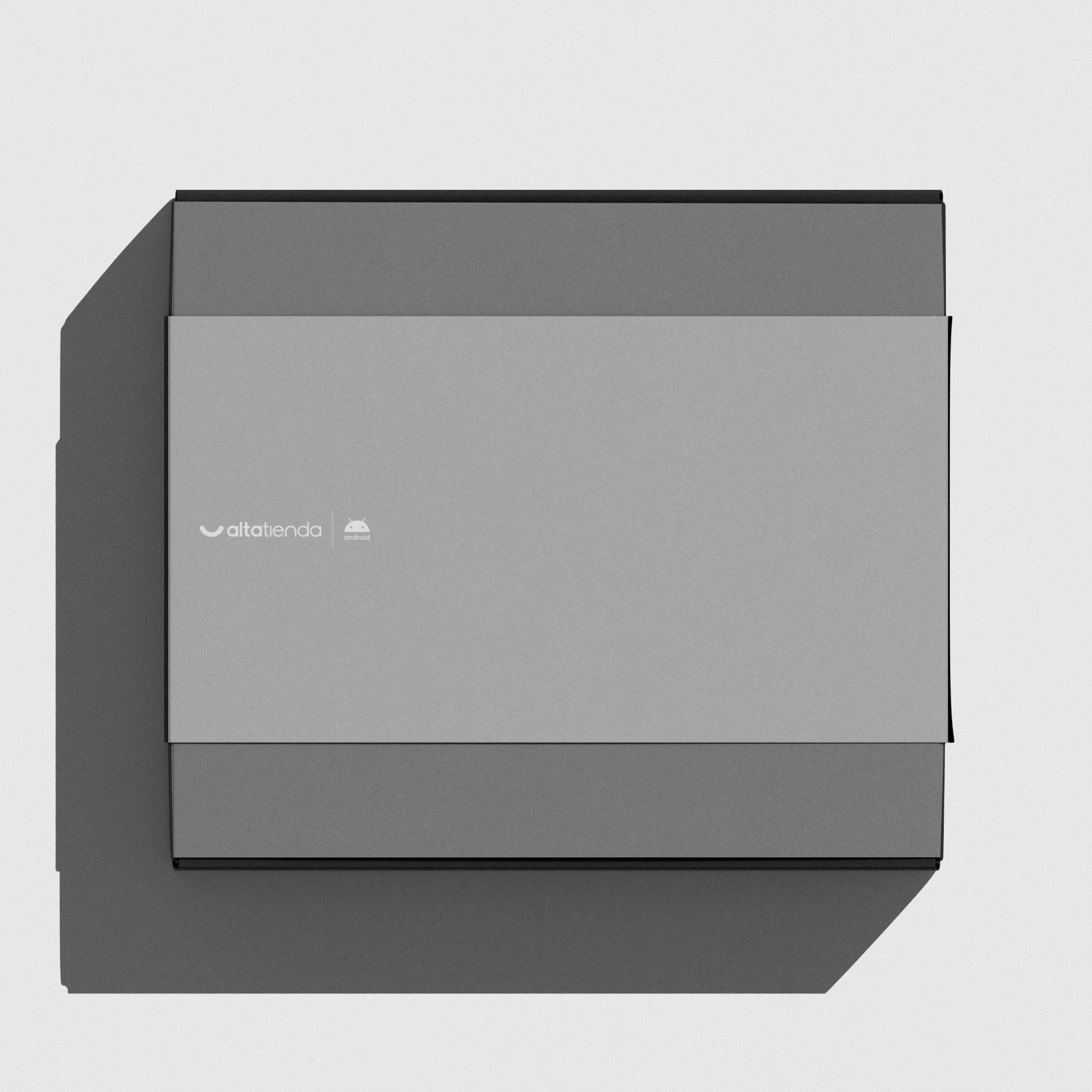 A grey shipping box with the mark