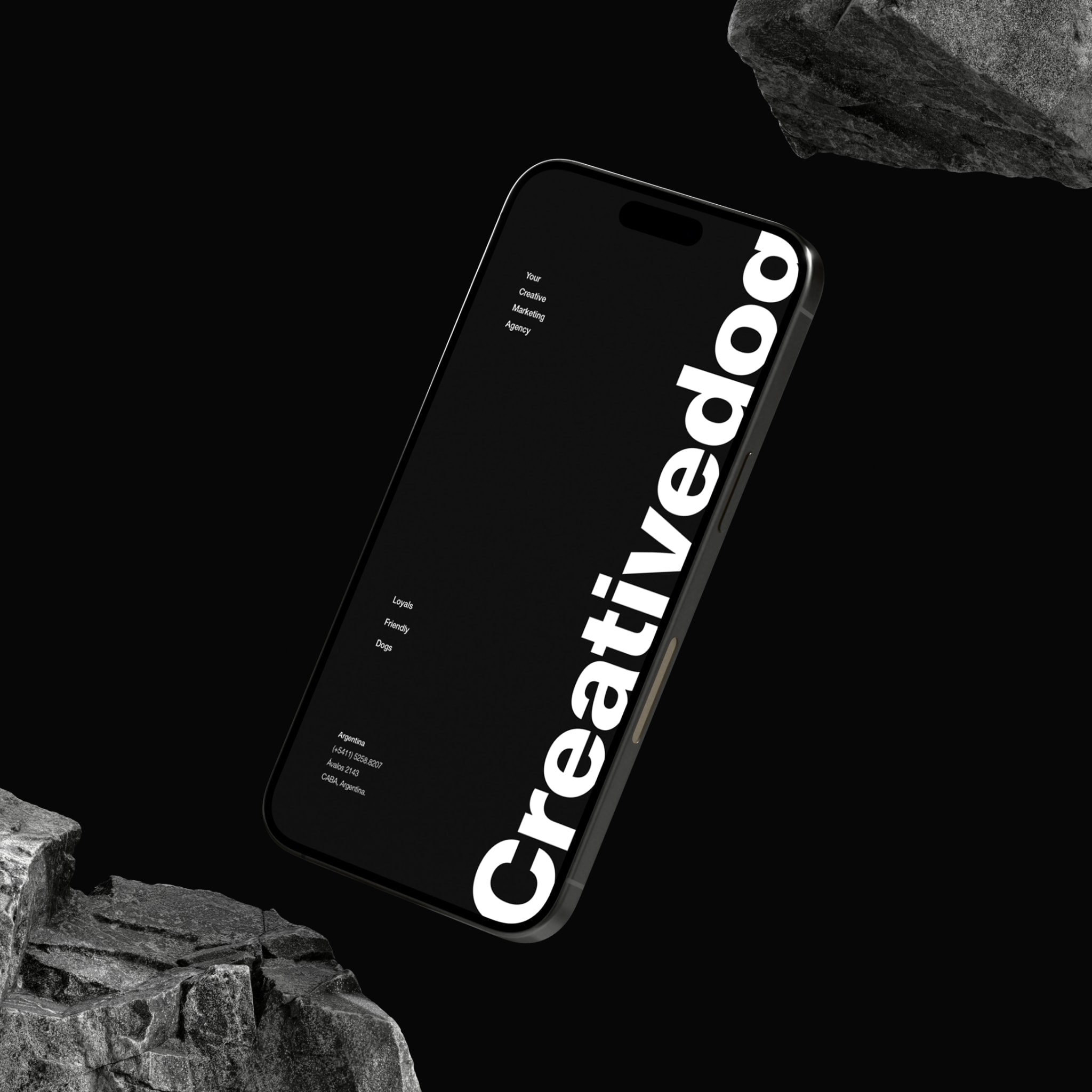 The website on a phone, resting on rocks