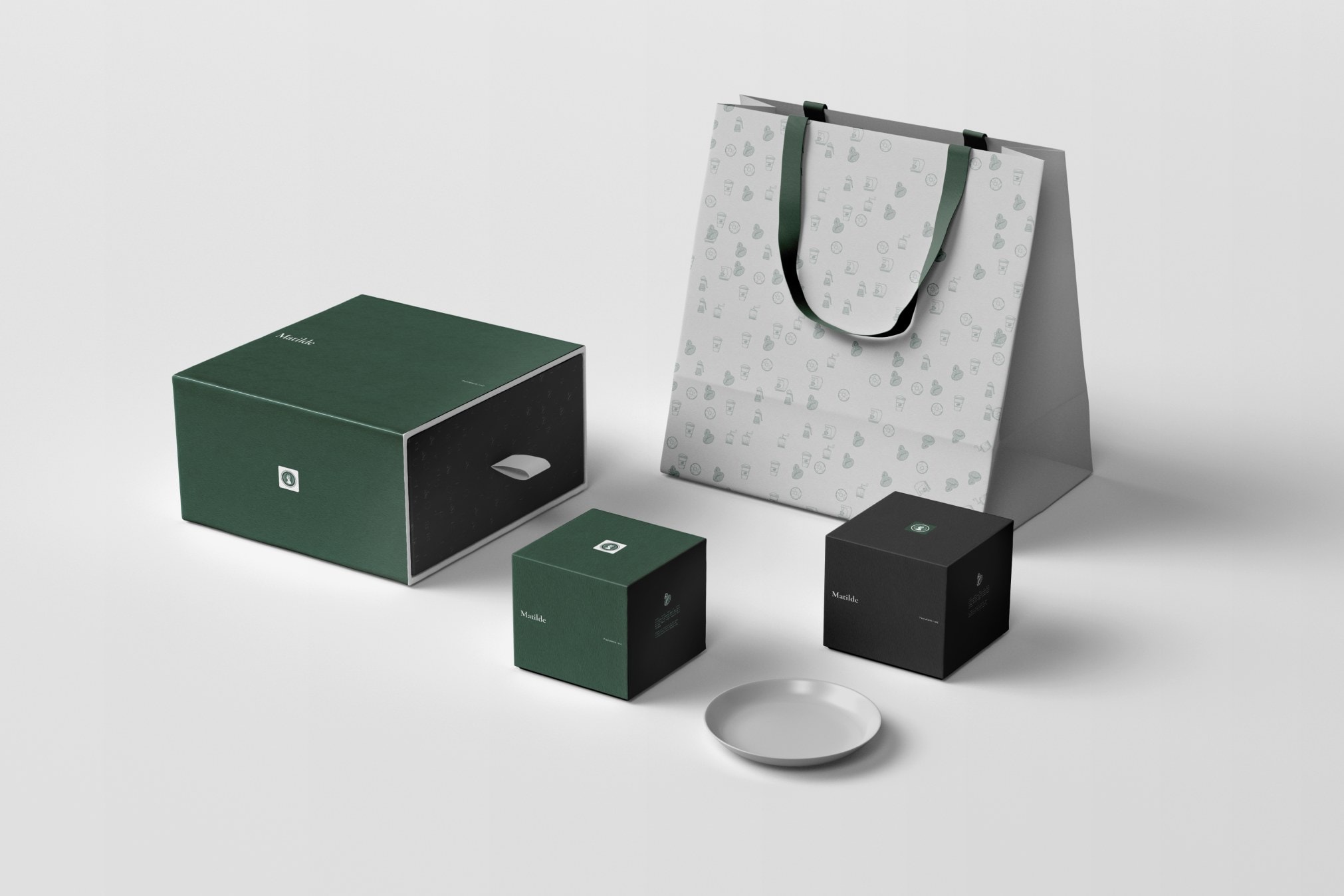 Branded boxes and a patterned bag