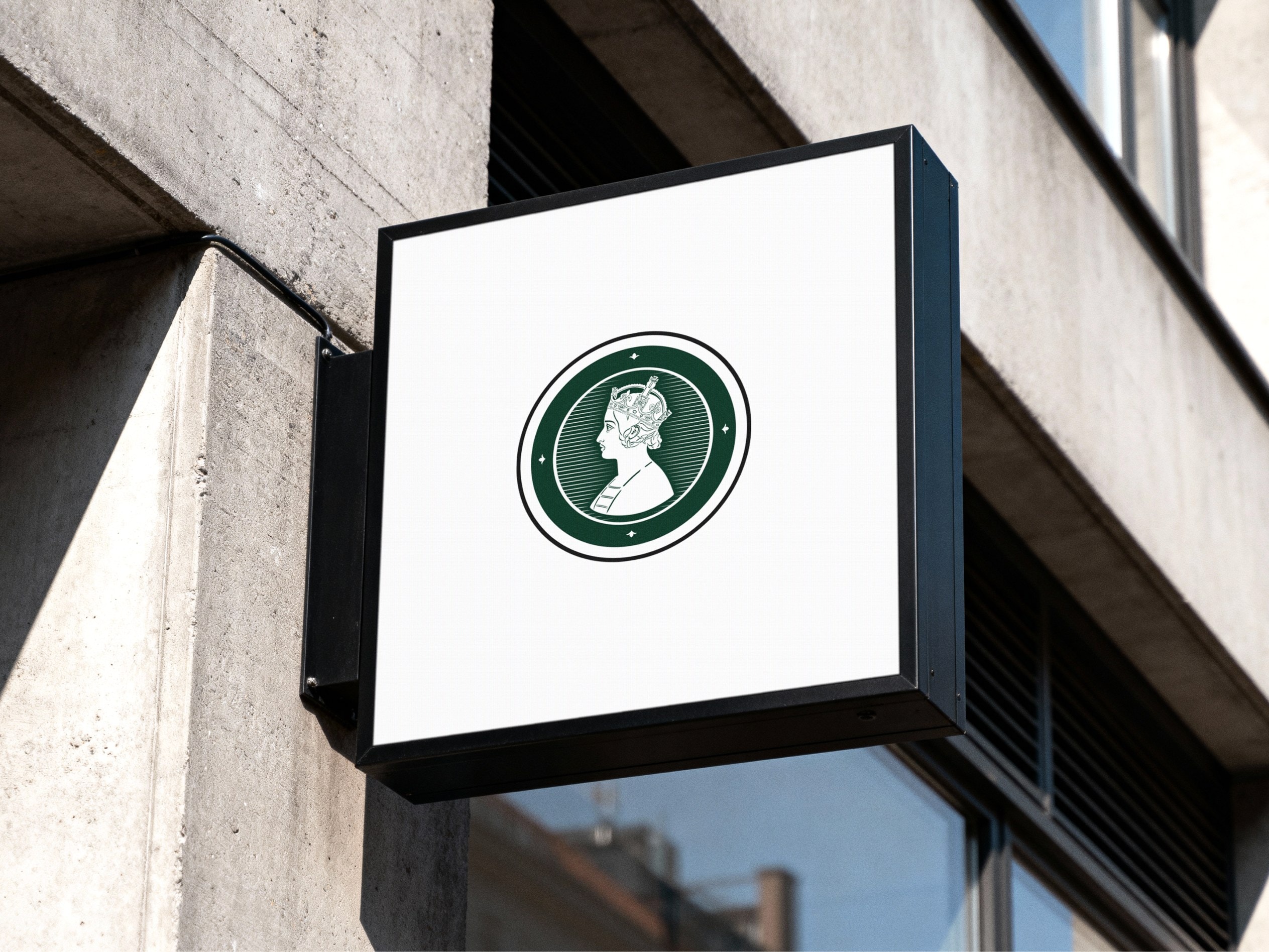 The engraved seal on a hanging sign