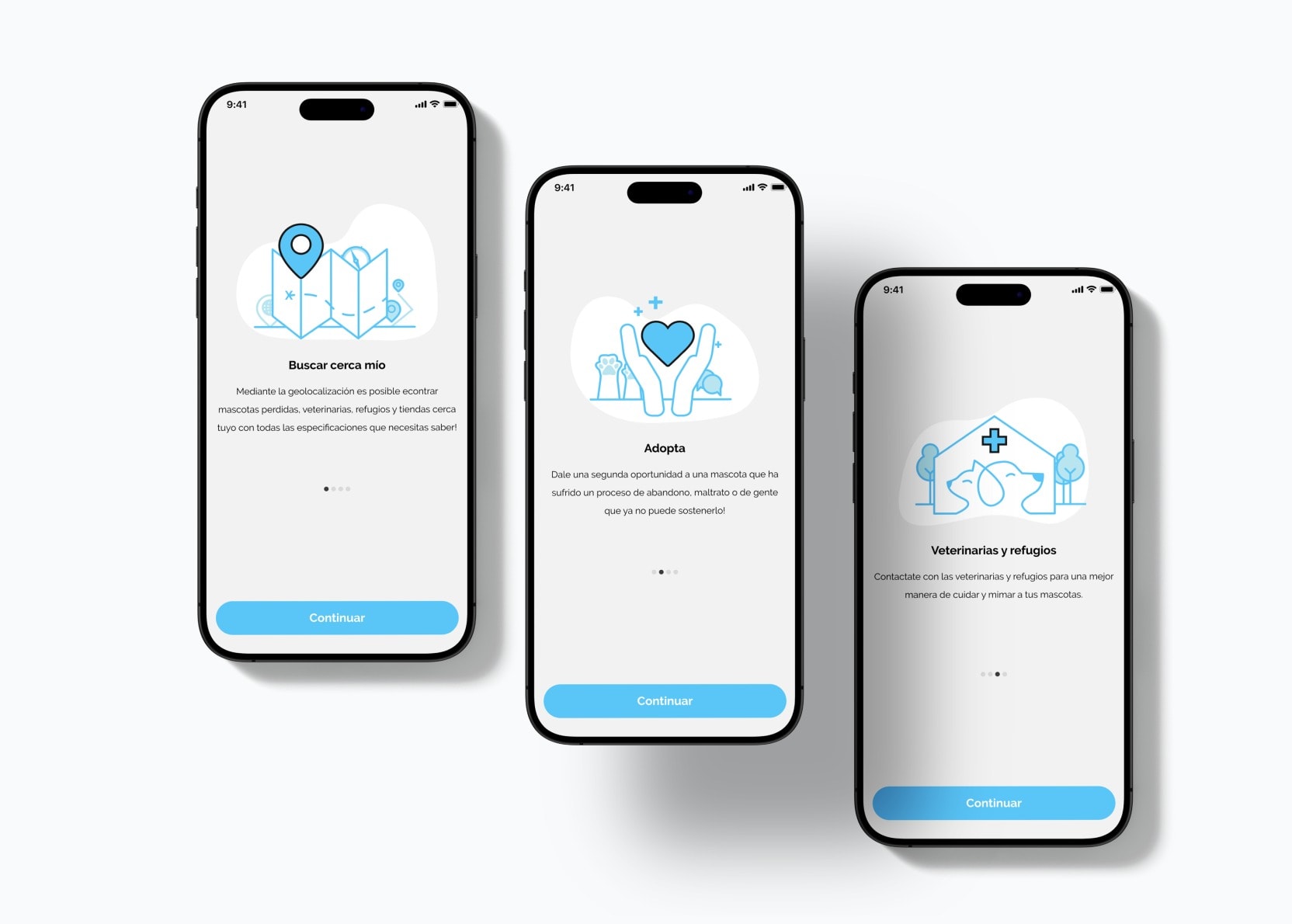 Three onboarding screens of the Patitas app