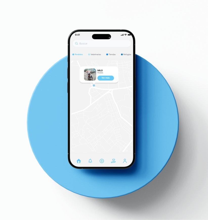 The Patitas app open on a phone over a blue disc