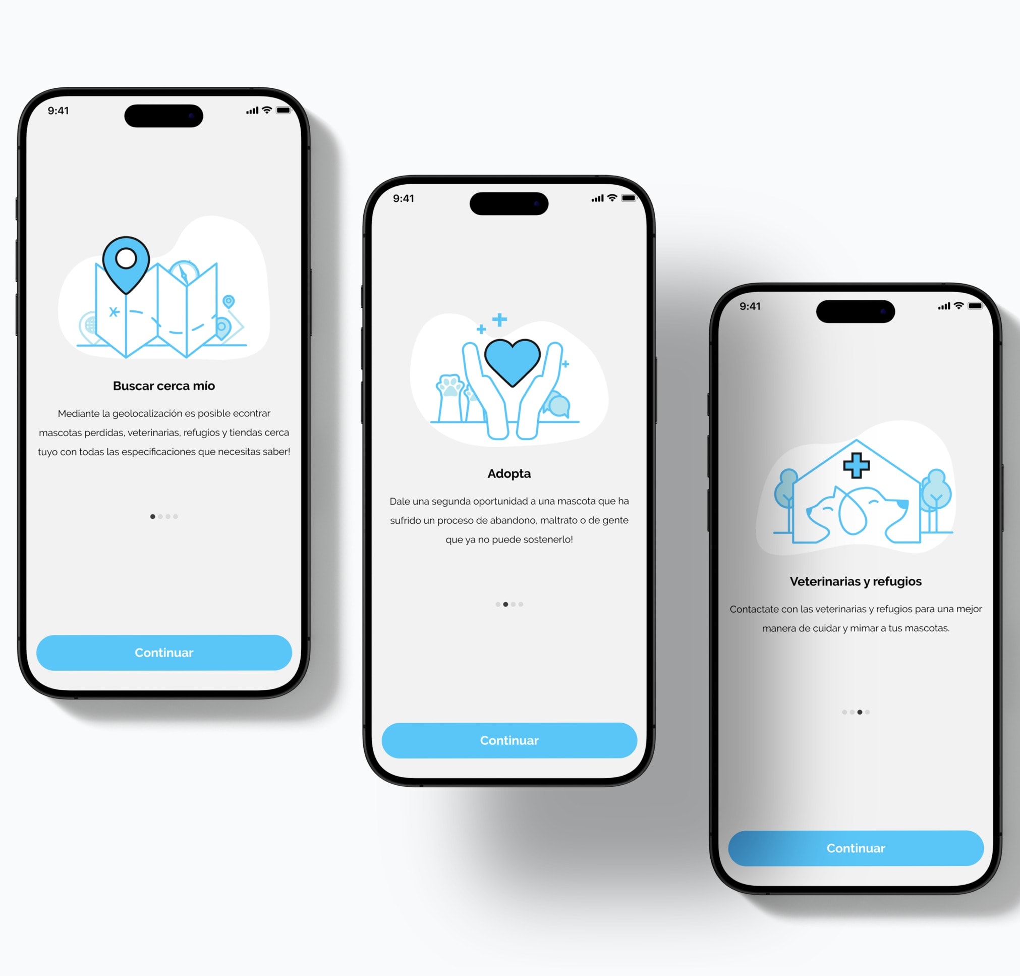 Three phones with the onboarding of the app