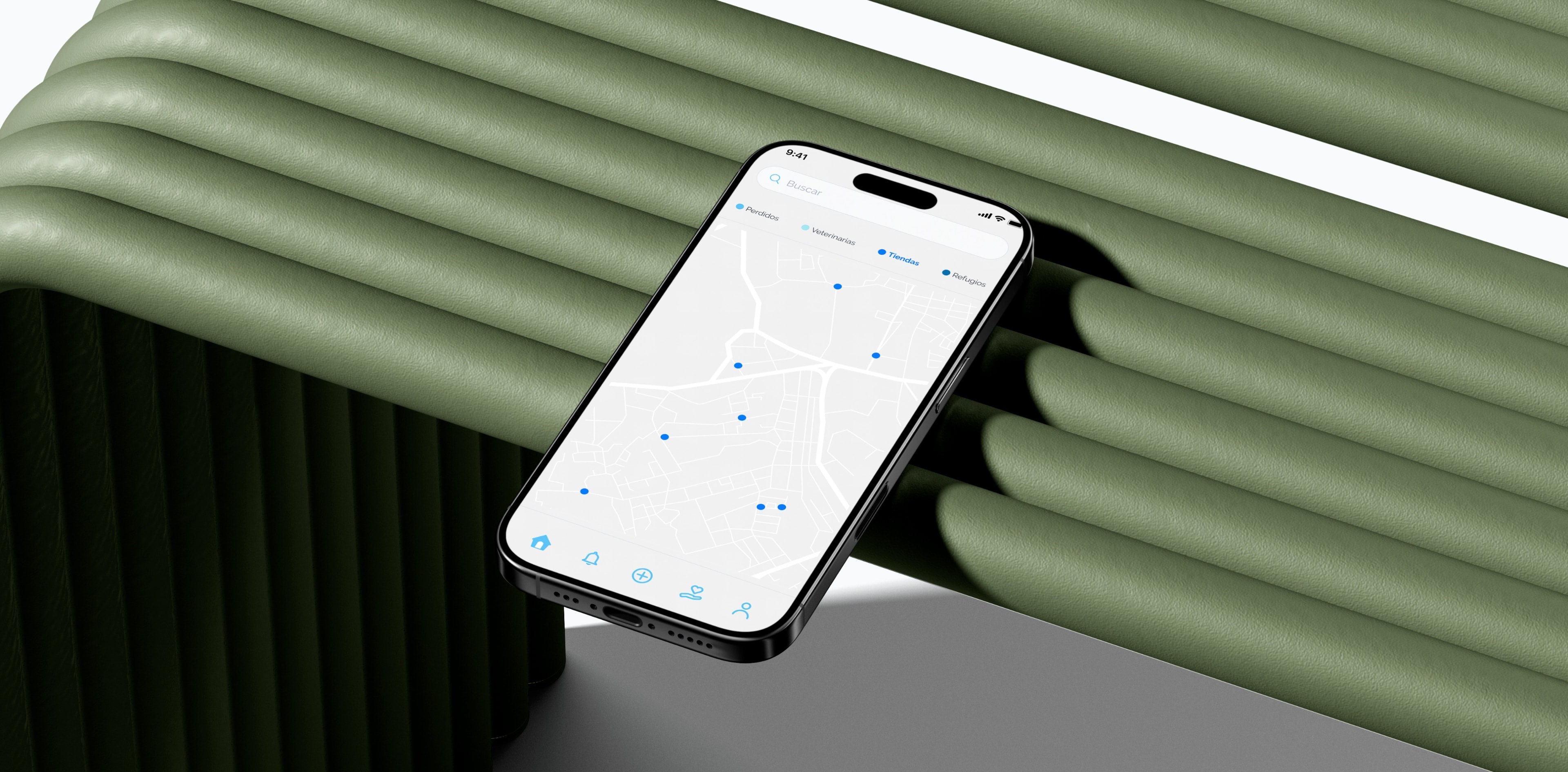 A phone showing the map, on a green bench