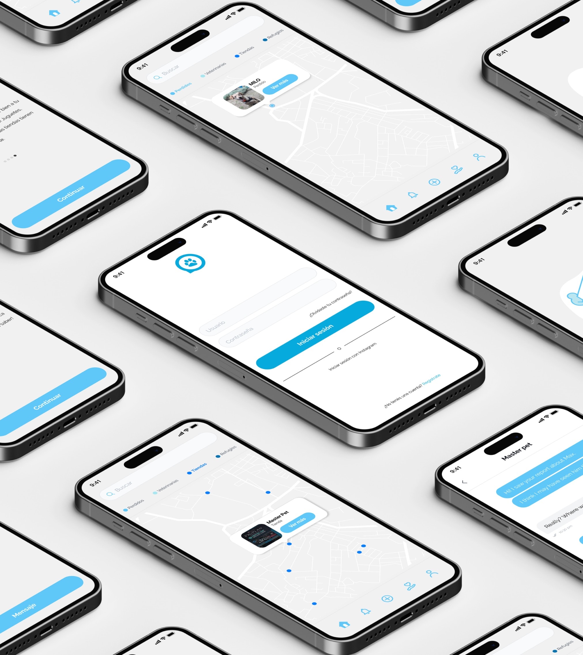 Several phones showing the app, arranged on a grey surface