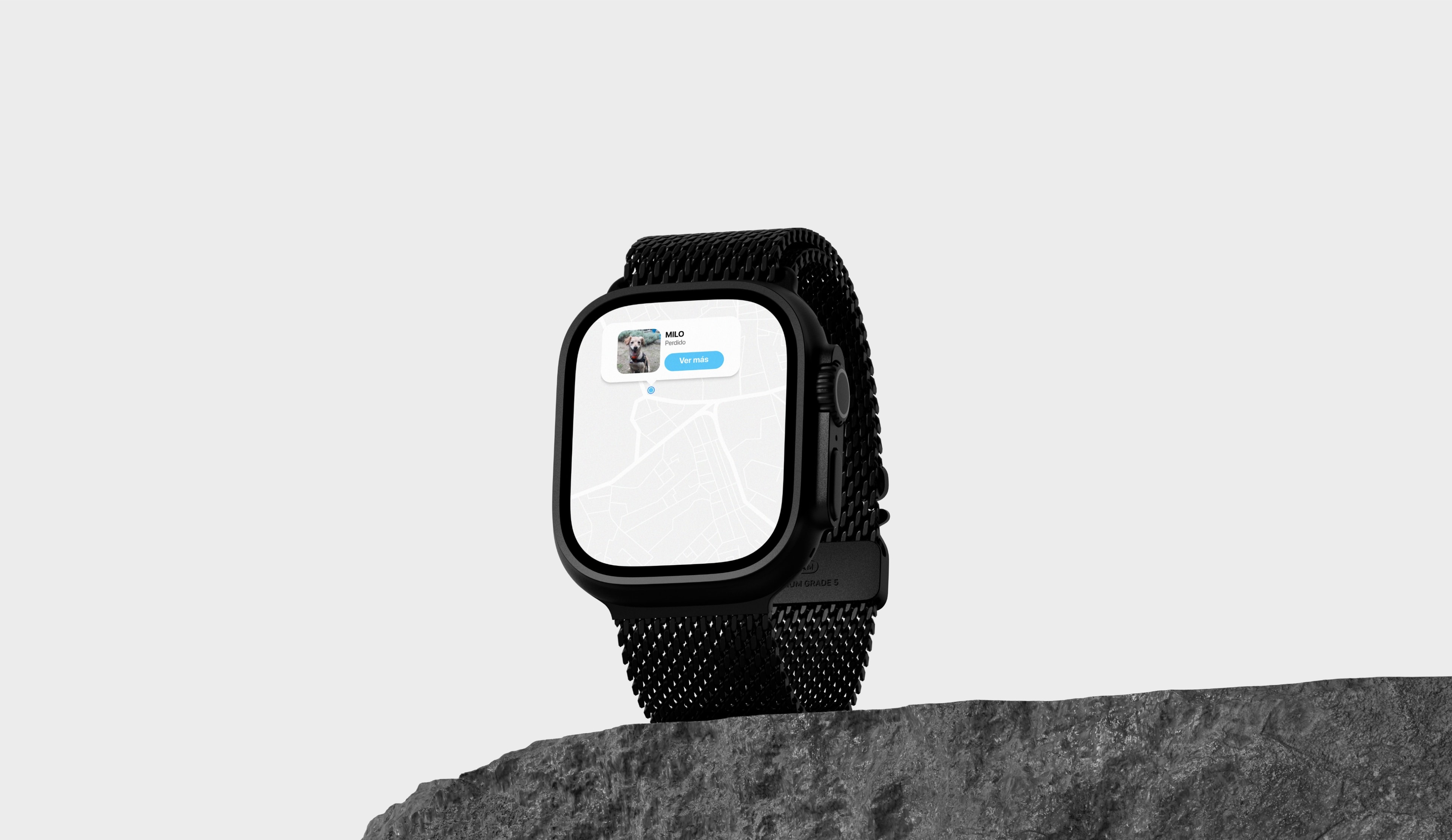 The Patitas map on a smartwatch, over a stone